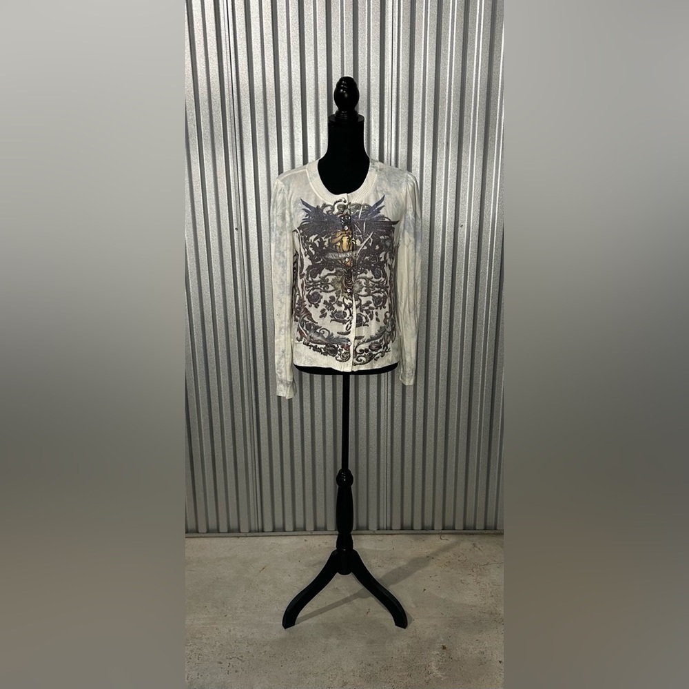 Womens Daniel Benjamin White Angels Dream Poly Goth Cardigan Sweater Size Large